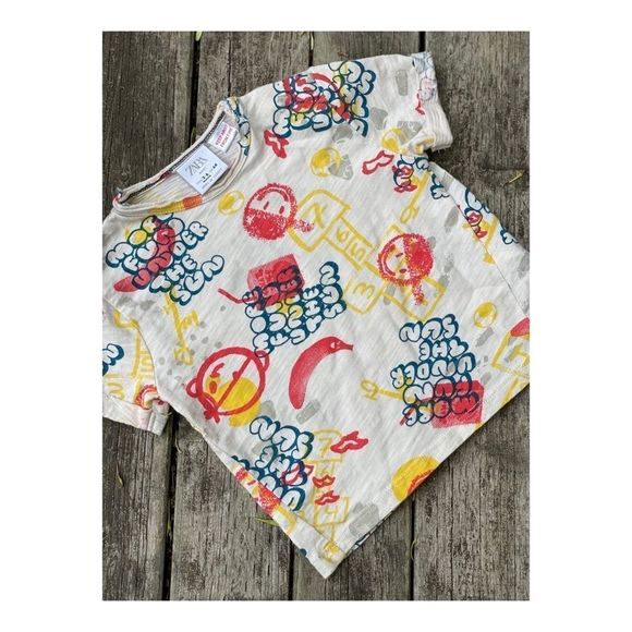 Zara Kids T-Shirt Retro More Fun All Over Print Sz 3-6 Months - Picture 1 of 7